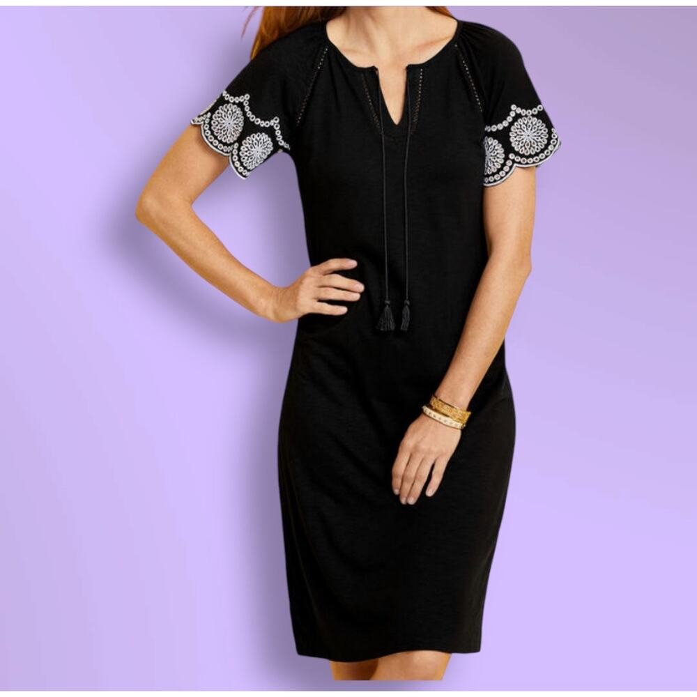 Talbots Dress Plus Size X 12 Black White Embroidered Sleeve Knit Shift Boho